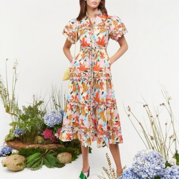 CeliaB Freya Dress Large Floral Multicolor Button Down MIDI Pockets Drawstring - Picture 1 of 15